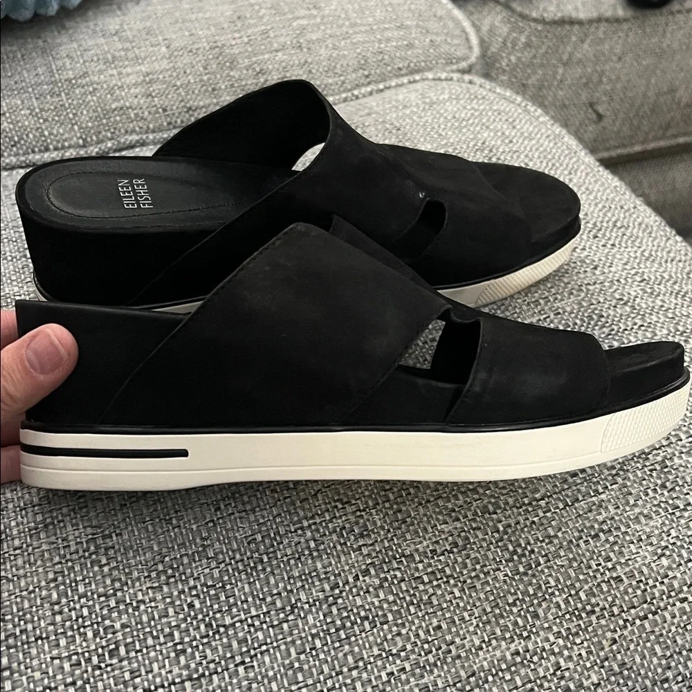 Eileen Fisher Black Wedge Sandal Suede NEW